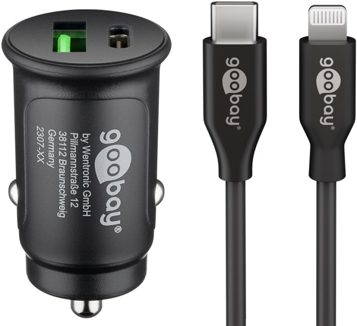 Goobay Dual USB snabbladdare för bil Lightning (27 W) laddningsadapter för bil med 1x USB-C™ och 1x USB-A, USB-C™ Lightning-kabel, 1 m, svart i gruppen SMARTPHONE & SURFPLATTOR / Laddare & Kablar / Billaddare / Billaddare Lightning hos TP E-commerce Nordic AB (C86940)