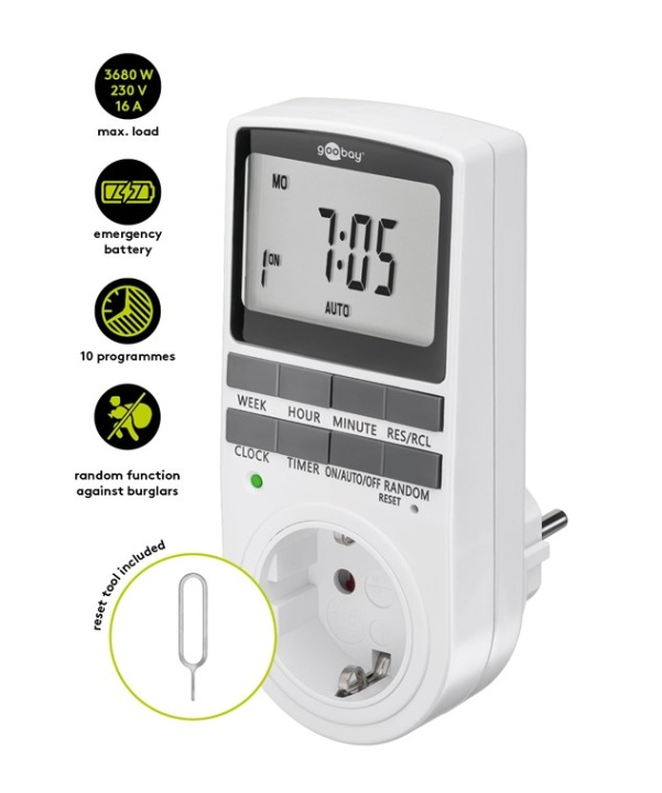 Goobay Digital timer programmerbar timer med kontakt med skyddsjord (typ F) i gruppen HEM, HUSHÅLL & TRÄDGÅRD / El & Belysning / Timers hos TP E-commerce Nordic AB (C86941)