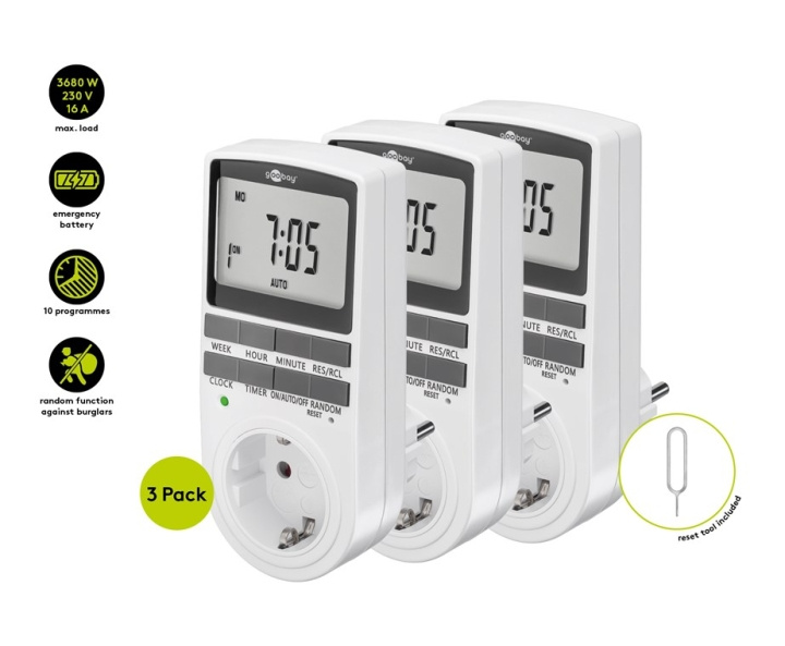 Goobay Digital timer, set om 3 programmerbar timer med kontakt med skyddsjord (typ F) i gruppen HEM, HUSHÅLL & TRÄDGÅRD / El & Belysning / Timers hos TP E-commerce Nordic AB (C86964)