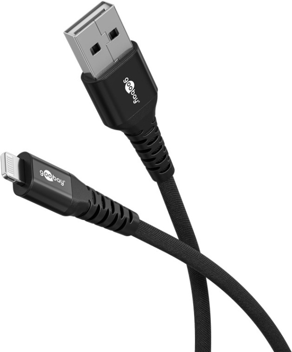 Goobay Lightning-USB-A supersoft textilkabel med metallkontakter, 0,5 m, svart MFi-certifierad, elegant och extra robust laddnings- och synkroniseringskabel för Apple iPhone/iPad (svart) i gruppen SMARTPHONE & SURFPLATTOR / Laddare & Kablar / Kablar / Kablar Lightning hos TP E-commerce Nordic AB (C87025)