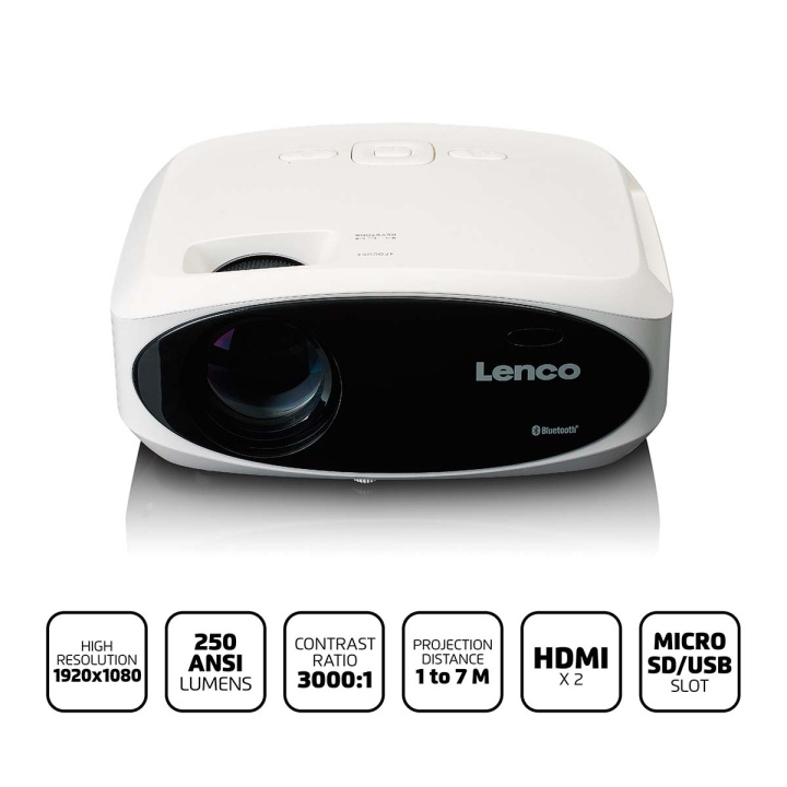 Lenco Full HD 1080P LCD-projektor med Bluetooth Vit i gruppen HEMELEKTRONIK / Ljud & Bild / Hemmabio, HiFi & Bärbart / Projektorer & Projektorfästen hos TP E-commerce Nordic AB (C90758)