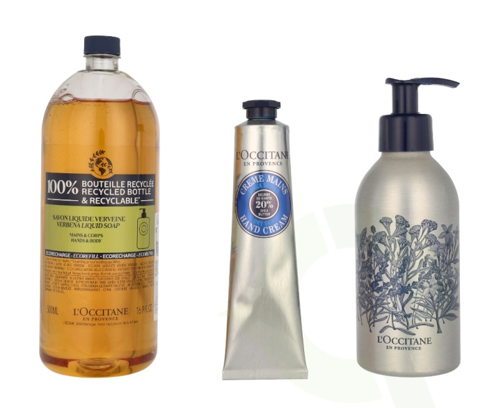 L\'Occitane Beautiful Hands Set 575 ml Eco Refill Shea Liquid Soap Verbena 500ml/Shea Hand Cream 75ml/Empty Forever Bottle i gruppen SKÖNHET & HÄLSA / Presentkit / Presentkit För Henne hos TP E-commerce Nordic AB (C91974)