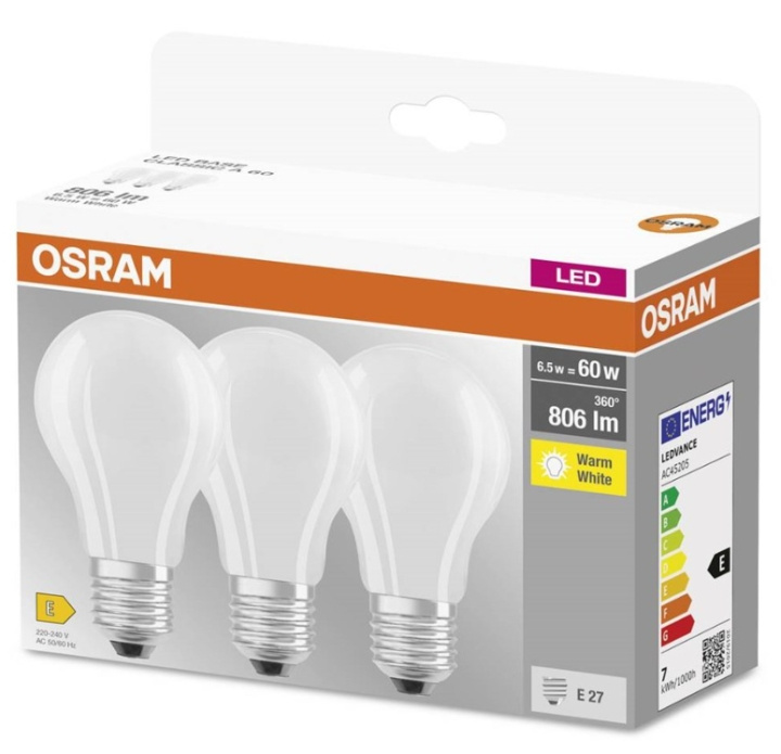 LEDVANCE OSRAM LED BASE standard matt 806lm 6,5W/827 (60W) E27 3-pak i gruppen HEMELEKTRONIK / Belysning / LED-lampor hos TP E-commerce Nordic AB (C92666)