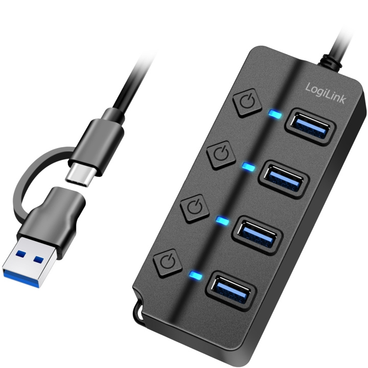 LogiLink USB-hub 4-port med separata På/Av-knappar USB-C/USB-A in USB 3.2 Gen1 i gruppen DATORER & KRINGUTRUSTNING / Datortillbehör / USB-hubbar hos TP E-commerce Nordic AB (C93480)