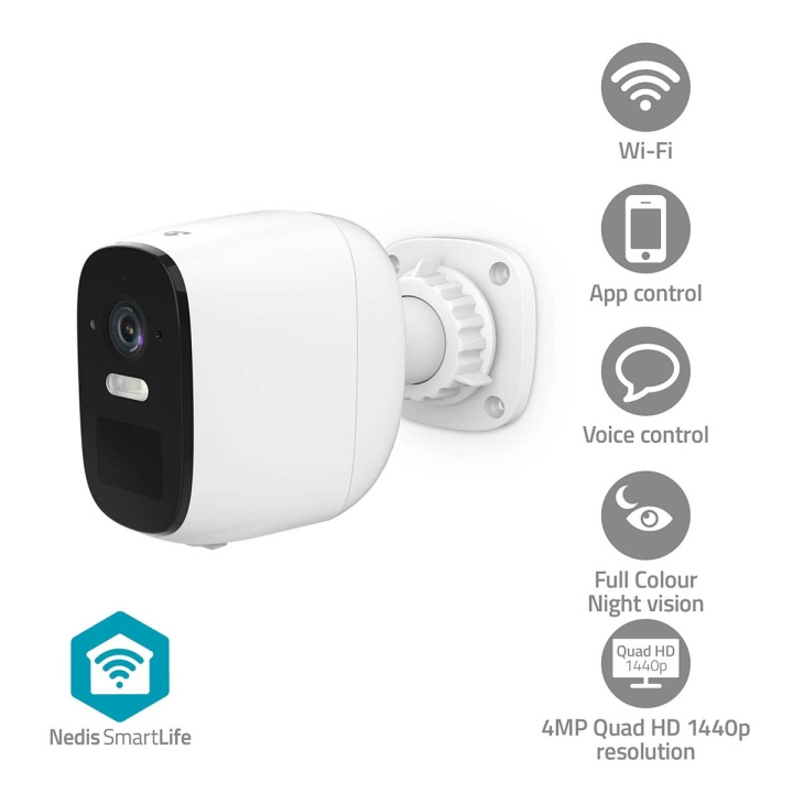 Nedis SmartLife Utomhus Kamera | Wi-Fi | Spotlight | 4MP Quad HD 1440p / 2560x1440 | Panorera lutning | IP66 | Max. batteritid: 10 Månader | microSD (ingår inte) / Molnlagring (tillval) | 5 V DC | Med rörelsesensor | Nattsikt | Vit i gruppen HEM, HUSHÅLL & TRÄDGÅRD / Larm & Säkerhet / Övervakningskameror / Digitalt (Nätverk) / Utomhuskameror hos TP E-commerce Nordic AB (C94857)