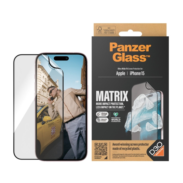 PanzerGlass ECO MATRIX-skärmskydd med D3O® iPhone 15 - Ultrabred passform med AlignerKit i gruppen SMARTPHONE & SURFPLATTOR / Mobilskydd / Apple / iPhone 15 hos TP E-commerce Nordic AB (D00790)