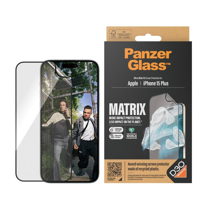 PanzerGlass ECO MATRIX-skärmskydd med D3O® iPhone 15 Plus - Ultrabred passform med AlignerKit i gruppen SMARTPHONE & SURFPLATTOR / Mobilskydd / Apple / iPhone 15 hos TP E-commerce Nordic AB (D00791)