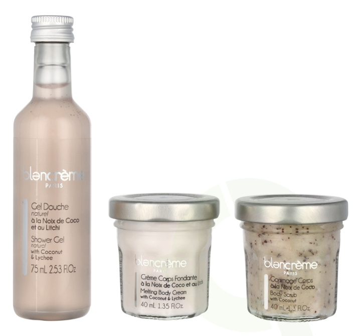 Blancreme Body Essentials Trio Set 155 ml Shower Gel 75ml/Body Scrub 40ml/Body Cream 40ml - Coconut & Lychee i gruppen SKÖNHET & HÄLSA / Hudvård / Kroppsvård / Bad & Duschcreme hos TP E-commerce Nordic AB (D07965)