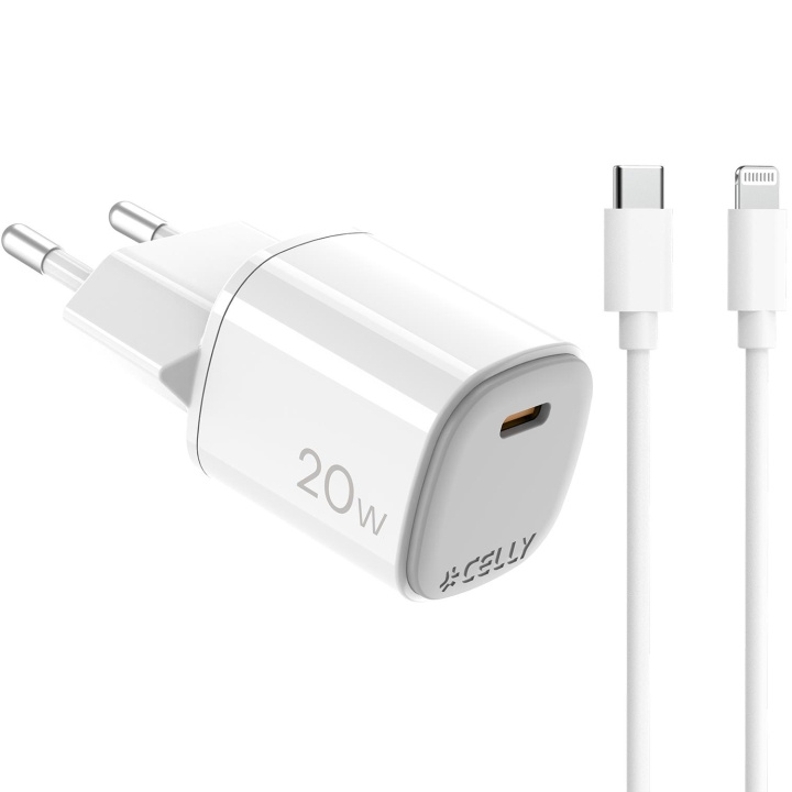 Celly USB-laddare GaN 1 x USB-C PD 20W + Lightning-kabel i gruppen SMARTPHONE & SURFPLATTOR / Laddare & Kablar / Väggladdare / Väggladdare Typ C hos TP E-commerce Nordic AB (D11525)