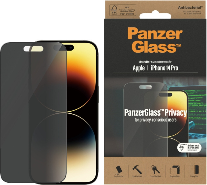 PanzerGlass Ultra Wide Fit Privacy skärmskydd, iPhone 14 Pro, svart ram i gruppen SMARTPHONE & SURFPLATTOR / Mobilskydd / Apple / iPhone 14 hos TP E-commerce Nordic AB (D13459)