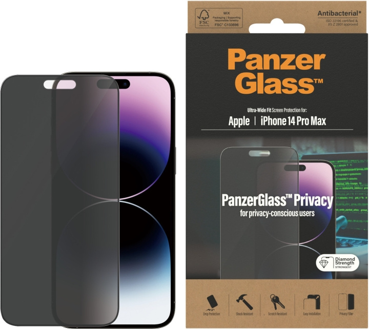 PanzerGlass Ultra Wide Fit Privacy skärmskydd, iPhone 14 Pro Max, svart ram i gruppen SMARTPHONE & SURFPLATTOR / Mobilskydd / Apple / iPhone 14 hos TP E-commerce Nordic AB (D13461)