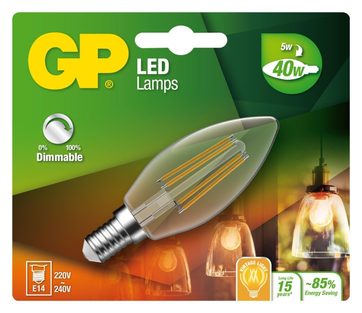 GP LED-lampa Filament Mini Candle, E14, DIM, 5W (40W), 470lm i gruppen HEMELEKTRONIK / Belysning / LED-lampor hos TP E-commerce Nordic AB (D14214)