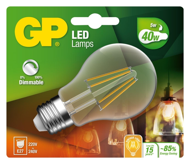 GP LED-lampa Classic Filament, E27, DIM, 5W (40W), 470lm i gruppen HEMELEKTRONIK / Belysning / LED-lampor hos TP E-commerce Nordic AB (D14216)