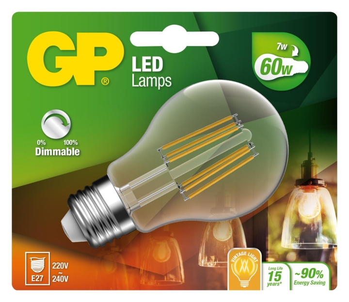 GP LED-lampa Classic Filament, E27, DIM, 7W (60W), 806lm i gruppen HEMELEKTRONIK / Belysning / LED-lampor hos TP E-commerce Nordic AB (D14218)